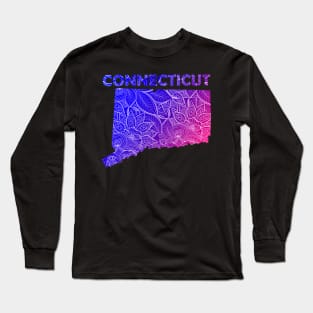 Colorful mandala art map of Connecticut with text in blue and violet Long Sleeve T-Shirt